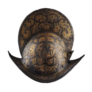 A fine morion helmet, etched and gilt, Italian Renaissance